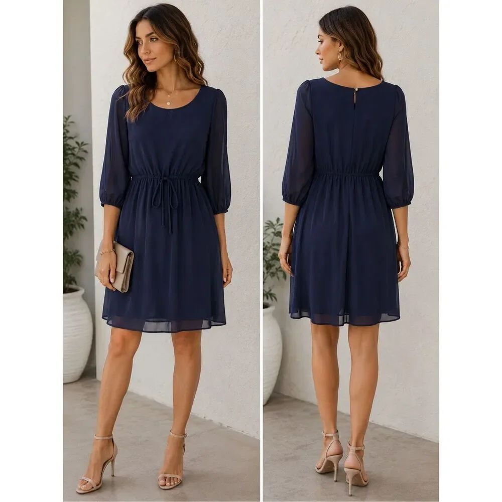 Enfocus Studio Navy Chiffon Dress Size 8 Sheer Sleeve Tie Waist Lined Career